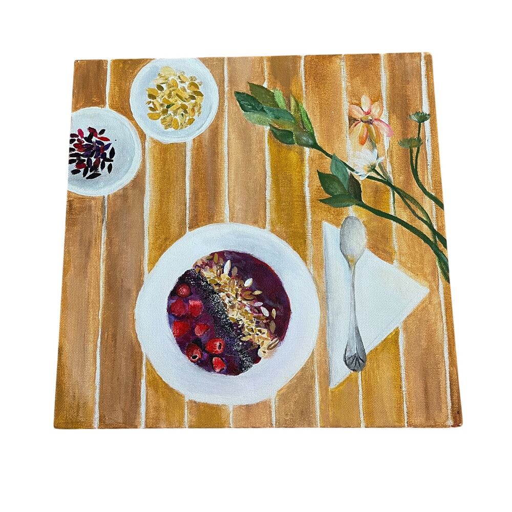 Acrylic Canvas Hand Painting Breakfast Açaí Bowl Nuts Seeds Berries 12x12‎